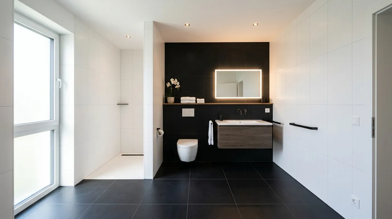 Schwarze und weiße Wand- und Bodenfliesen strukturieren ein modernes Badezimmer mit Fliesen Schwarz Weiß