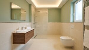 Heller Waschtischbereich mit halbhoch gefliester Wand in einem modernen Badezimmer als Fliesenspiegel im Bad
