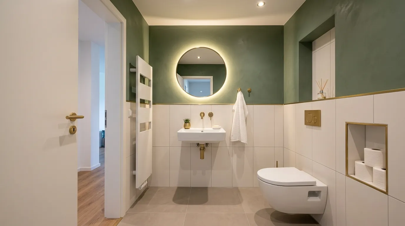Halbhoch verlegte weiße Wandfliesen gestalten einen modernen kleinen Raum beim Gäste-WC renovieren