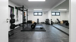 Dunkle Bodenfliesen strukturieren einen modernen Fitnesskeller mit Fliesen für den Keller