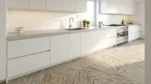 Strukturierte Bodenfliesen gestalten eine helle moderne Küche mit Fliesen mit Struktur