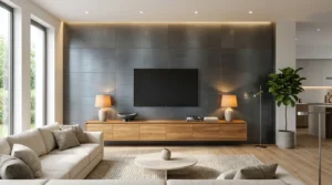 Moderne TV-Wand mit dunklen Wandfliesen gestaltet einen stilvollen Wohnbereich mit Fliesen mit Metalloptik