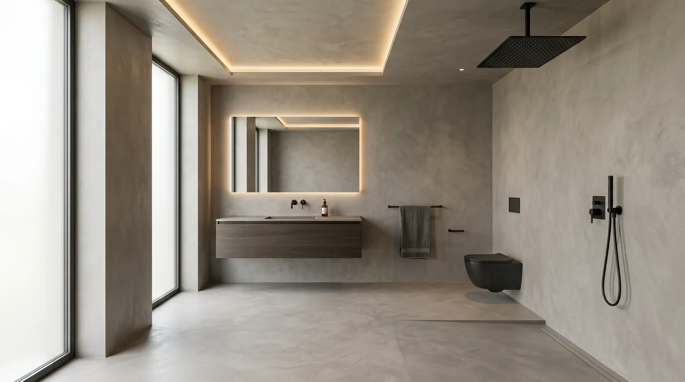 Modernes Badezimmer mit fugenlosen Wandflächen und Bodenbelag zur Gestaltung mit Mikrozement oder Fliesen im Bad