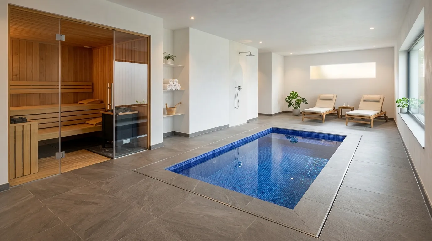 Graue Bodenfliesen verbinden Sauna, Dusche und Pool in einem privaten Spa mit Fliesen für Sauna