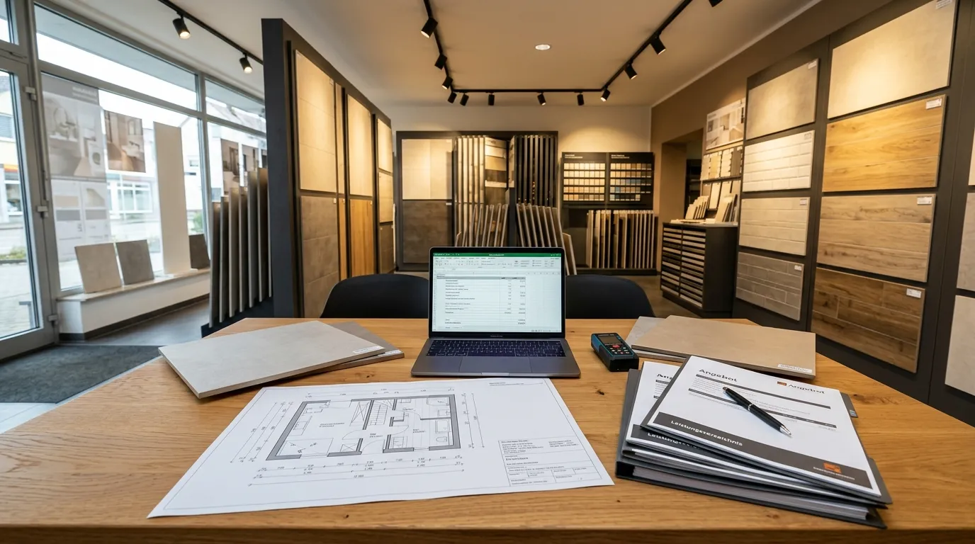Fliesenausstellung präsentiert Muster und Kalkulation im Showroom zum Thema Fliesenleger Pauschalpreis