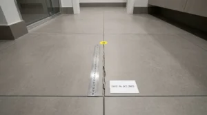 Beschädigte Bodenfuge wird mit Maßstab und Datumsangabe dokumentiert, wenn Kunden Fliesen reklamieren