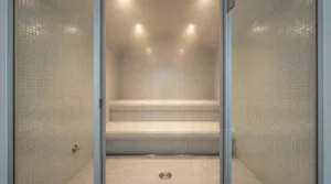 Helle Mosaikfliesen verkleiden Wände, Decke und Sitzbank in einem Dampfbad mit Fliesen für Sauna