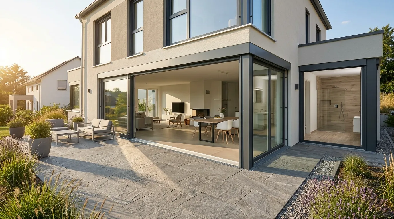 Modernes Wohnhaus mit hochwertigen Feinsteinzeug Fliesen im Innen- und Außenbereich gestaltet