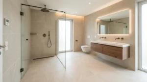 Neues Badezimmer mit Wand- und Bodenfliesen ausgestattet für präzise Fliesenarbeiten im Neubau