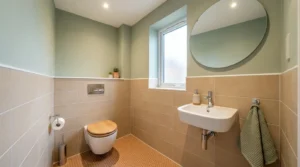 Modernes Gäste-WC mit abgestimmter Wandverfliesung und passender Fliesenhöhe im Bad gestaltet