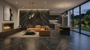 Elegantes Wohnzimmer mit dunklen Marmoroptik Fliesen als hochwertiger Bodenbelag für modernes Design gestaltet