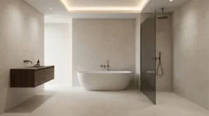 Luxuriöses Badezimmer mit großformatigen Wand- und Bodenfliesen für modernes Design mit XXL Fliesen kaufen