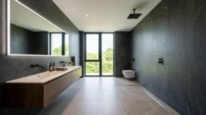 Großzügiges Bad mit dunklen Wandfliesen und durchdachter Fliesenhöhe im Bad für modernes Design