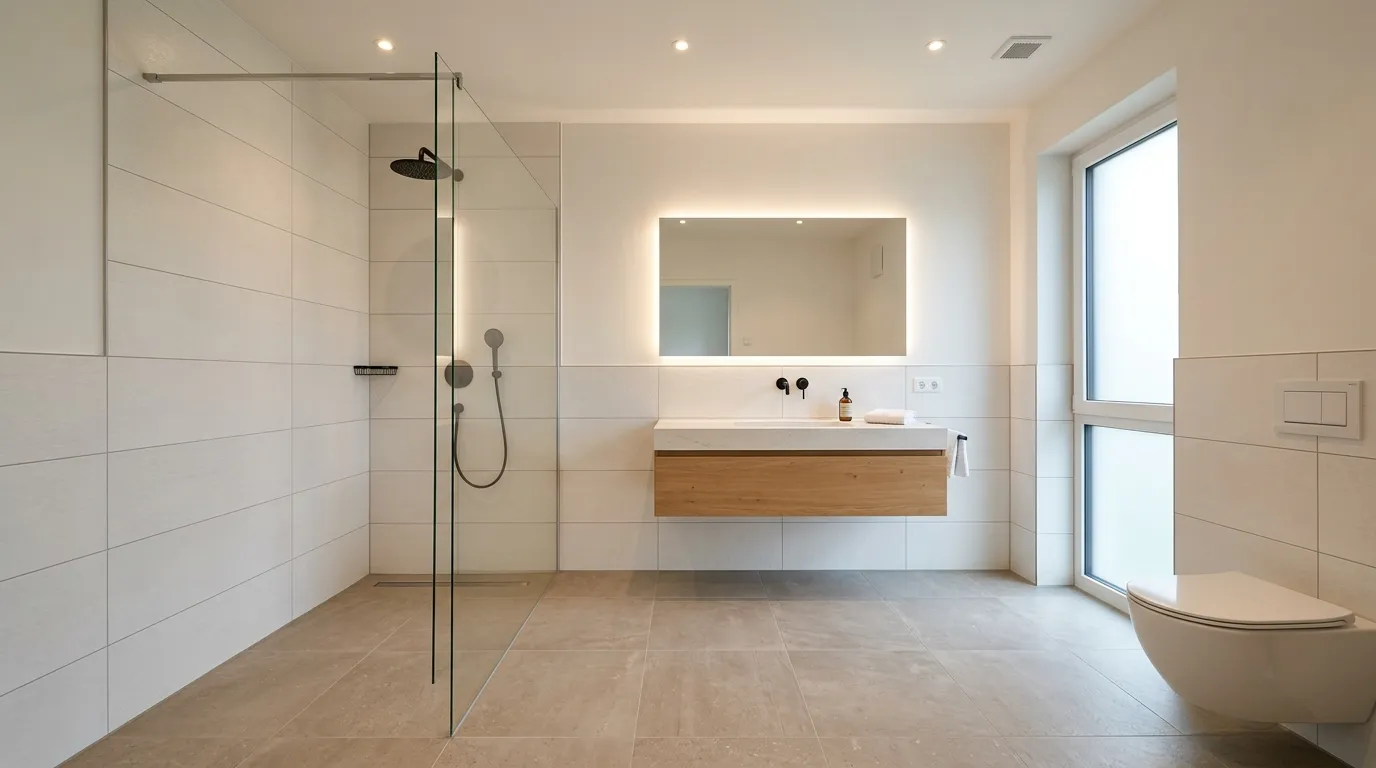 Helles Badezimmer mit bodengleicher Dusche und präziser Fliesenhöhe im Bad für zeitlose Gestaltung