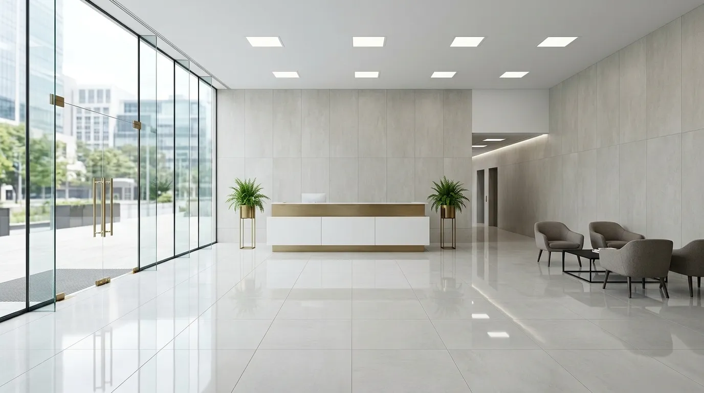 Moderne Bürorezeption mit großformatigen Bodenfliesen gestaltet für langlebige Fliesen im Gewerbebereich