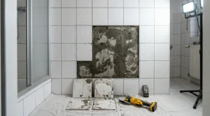 Entfernte Wandfliesen im Badezimmer werden ersetzt bei der Sanierung nach Wasserschaden mit Fliesen nach Wasserschaden erneuern