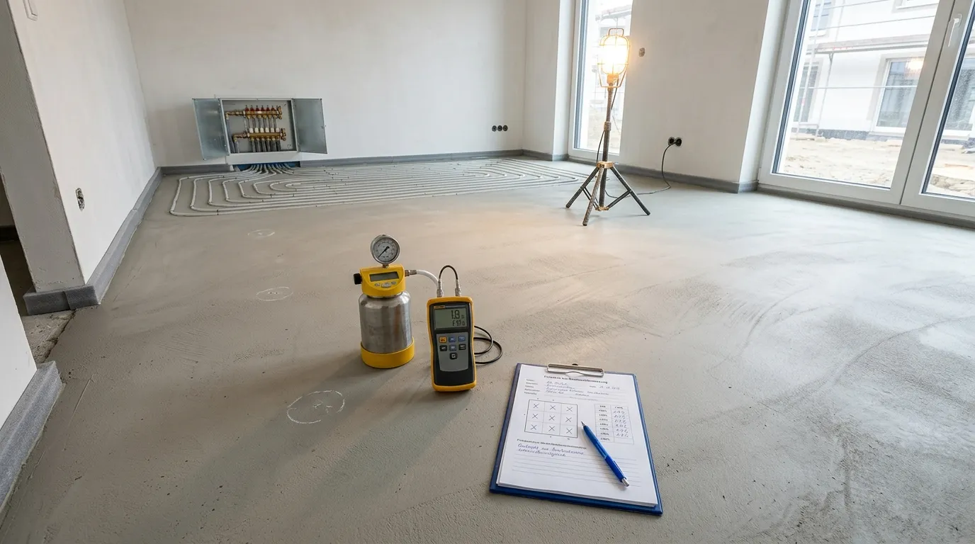 Estrichboden mit Feuchtigkeitsmessung vorbereitet für professionelle Fliesen auf Estrich verlegen Arbeiten